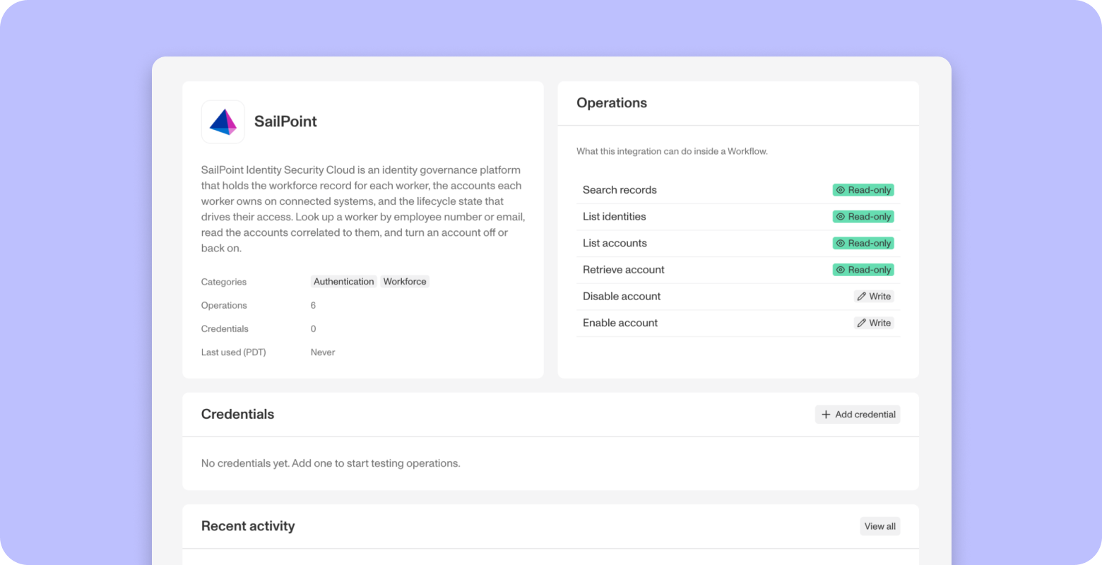SailPoint worker lookup in Persona showing account details and operations