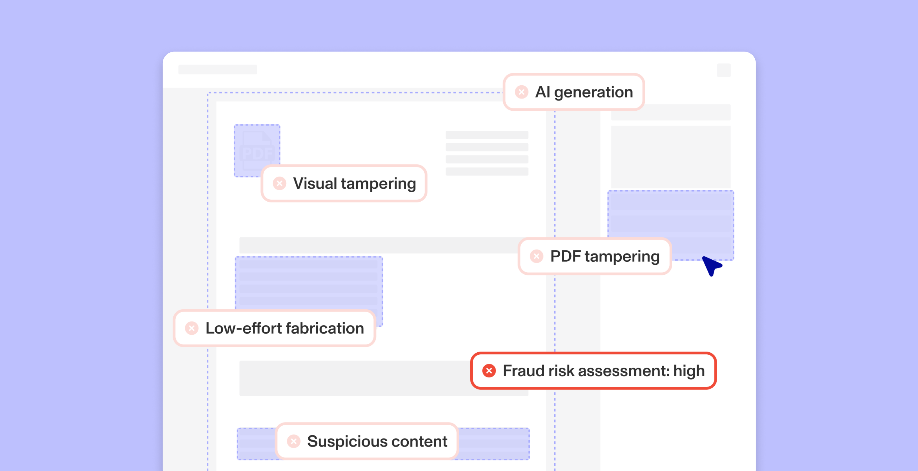 Document flagged for AI generation, visual tampering, PDF tampering, low-effort fabrication, and suspicious content, with a high fraud risk assessment