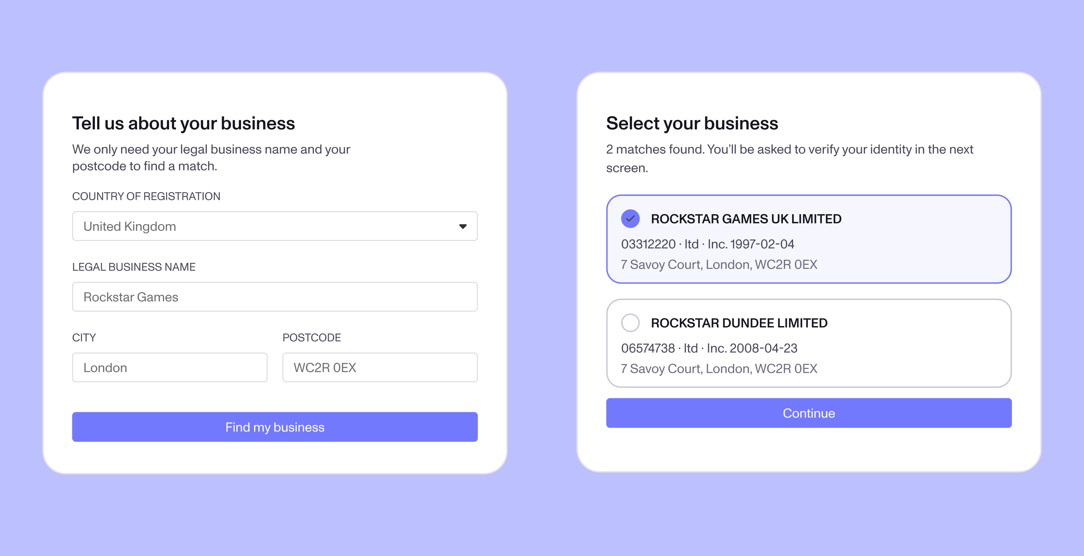 Business Search Inquiry form prefilling a selected company’s details