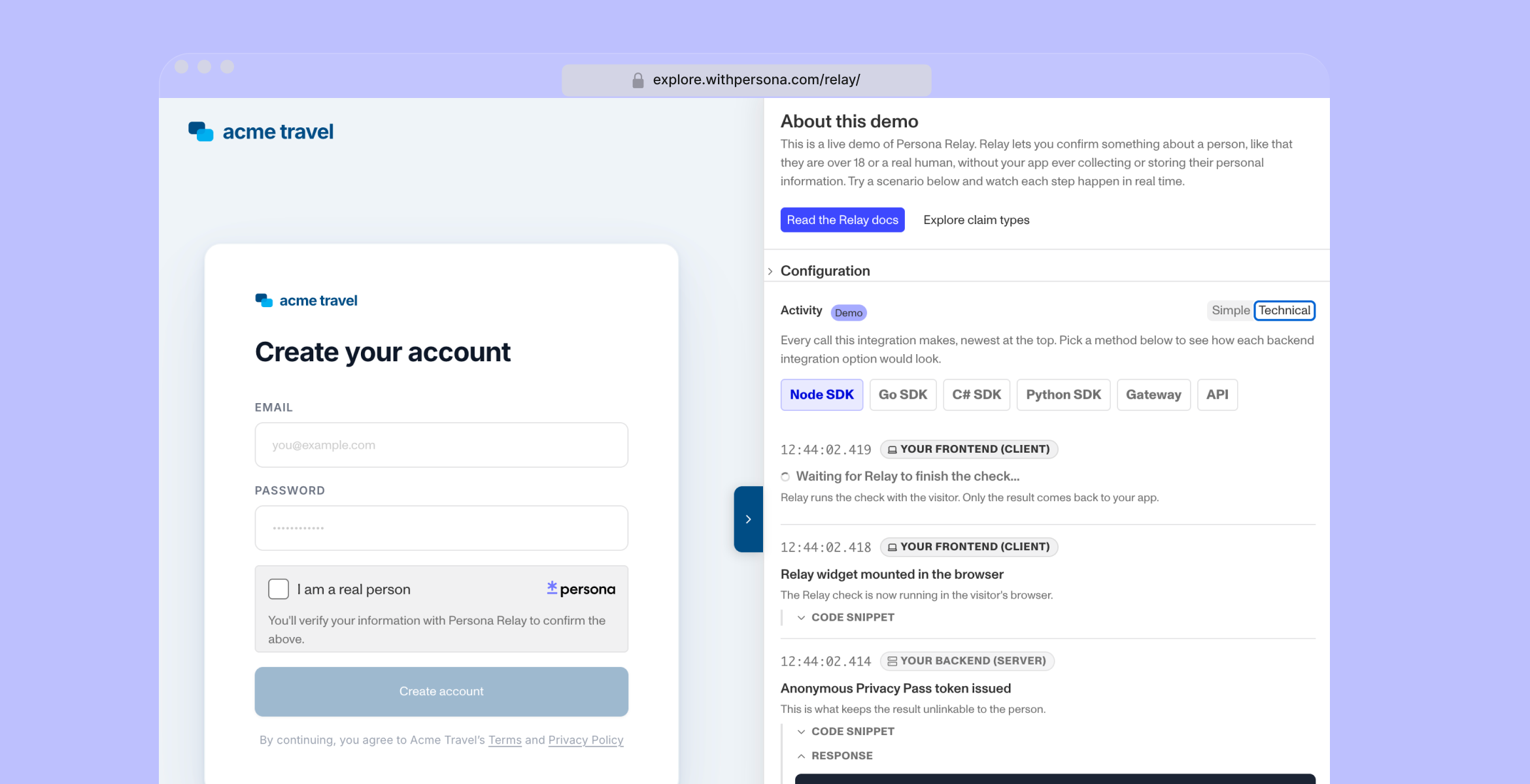 Relay demo showing Node SDK integration and real-time verification activity
