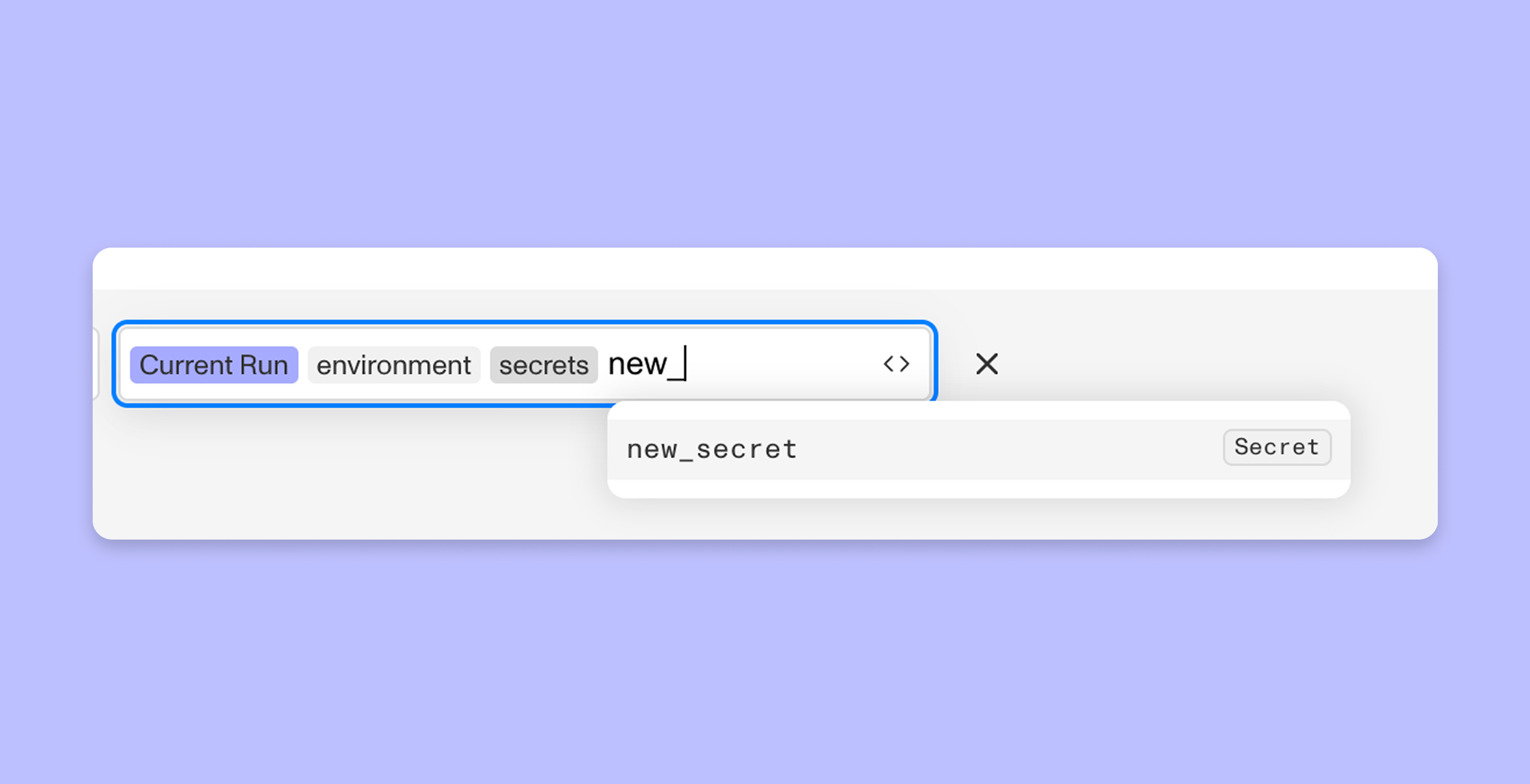 Workflow editor referencing a stored secret from the environment