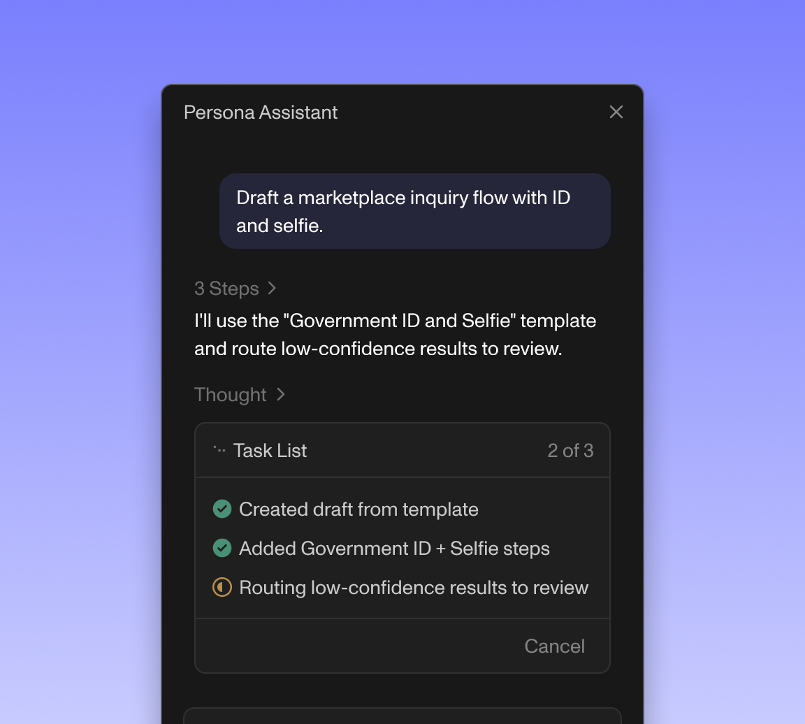 Persona Assistant drafting a marketplace inquiry flow