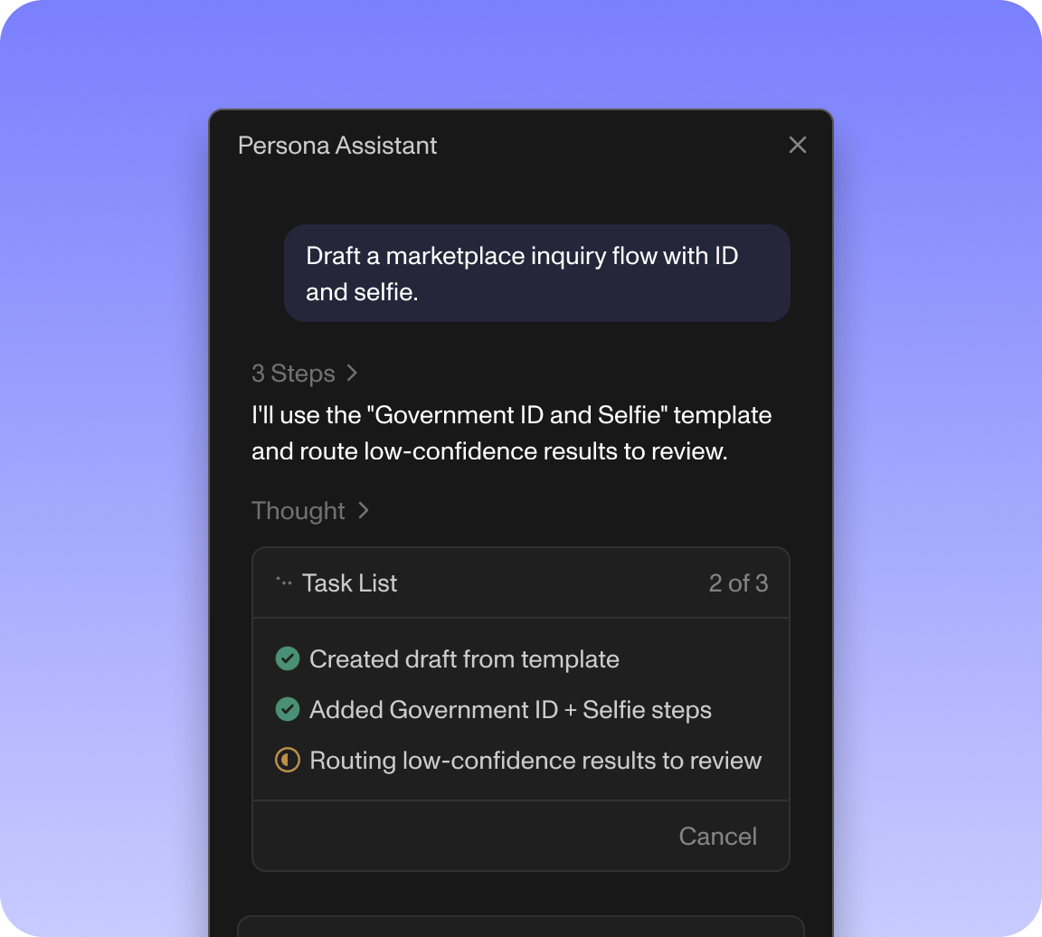 Persona Assistant drafting a marketplace inquiry flow