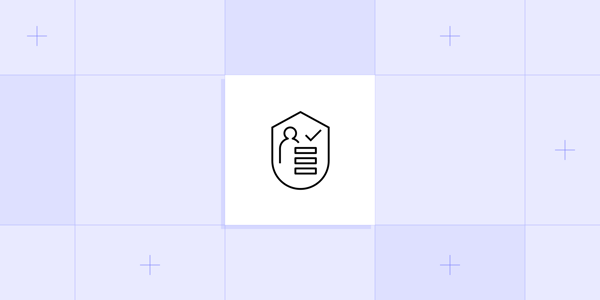 Line illustration of a shield containing a person, a checkmark, and stacked bars