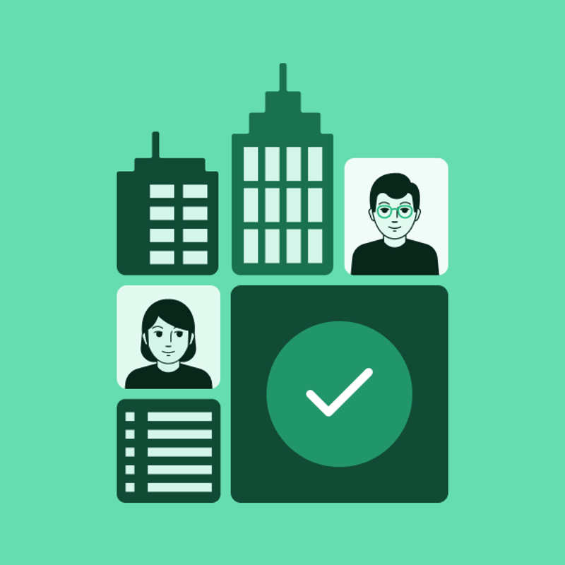 Icons of office buildings, two profile cards, and a checklist next to a green checkmark tile