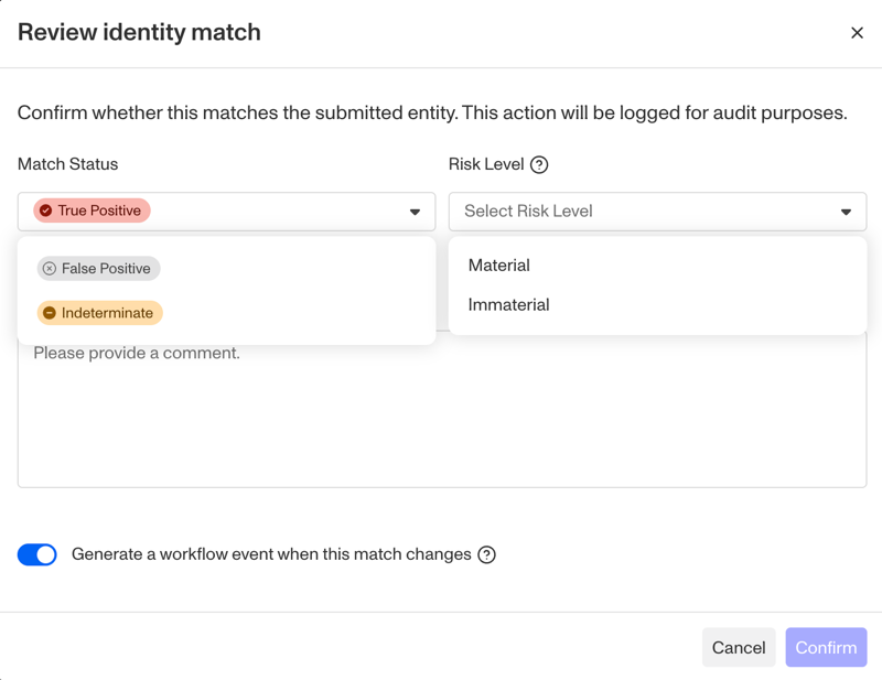 Reviewing an identity match and recording a disposition in the Screening Report