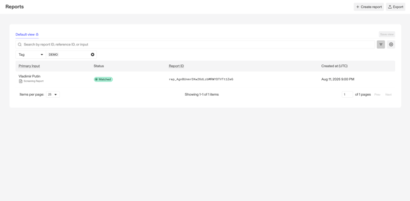 A Screening Report match opened from the Reports tab