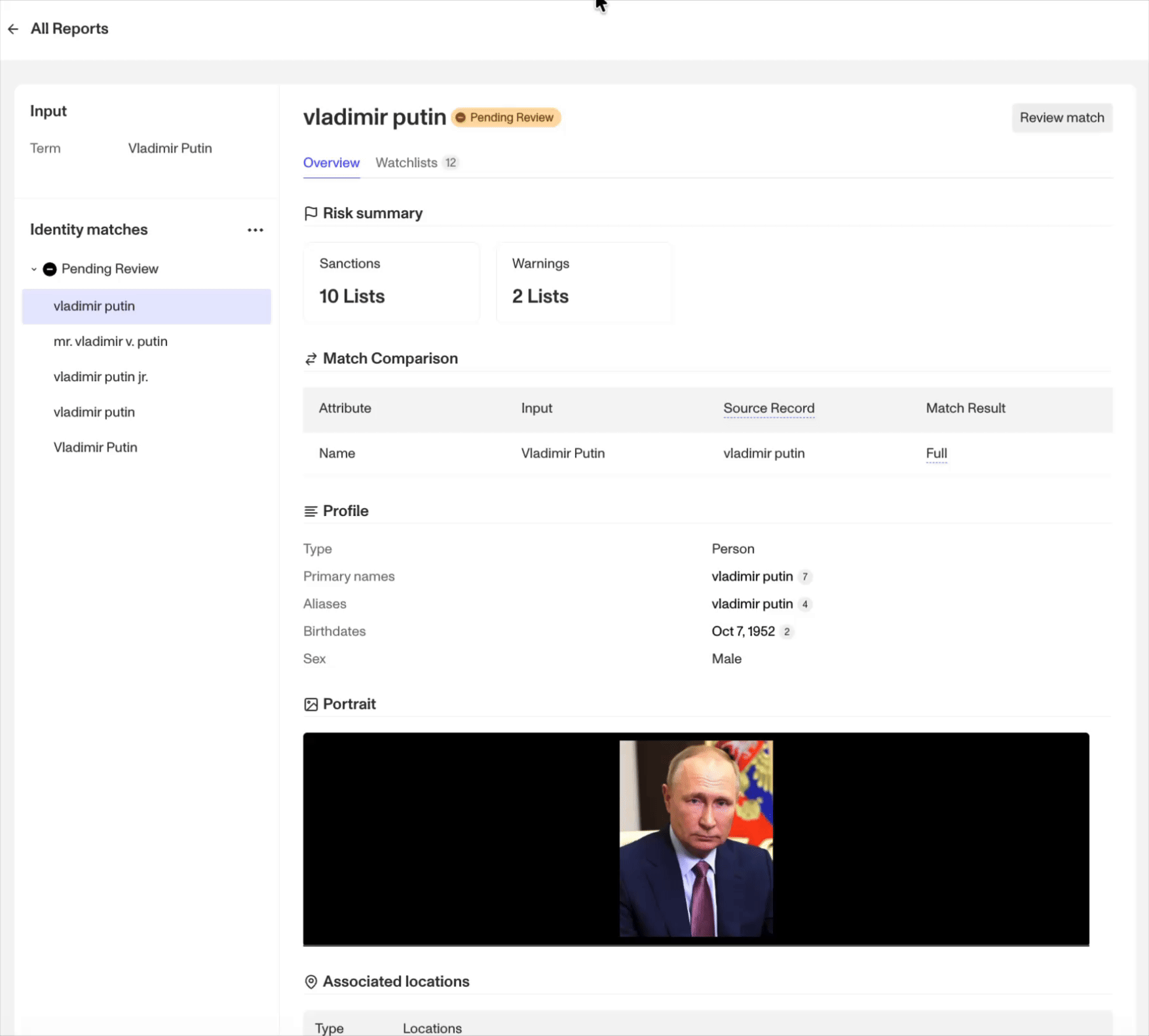 Selecting individual identity matches from the tabs on the left of a Screening Report